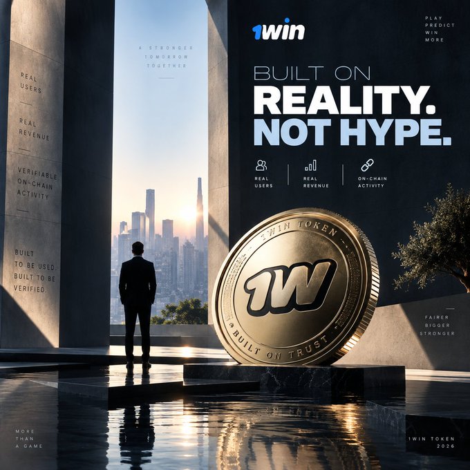 A promotional advertisement for '1WIN' token with the tagline 'BUILT ON REALITY. NOT HYPE.', showing a man looking at a cityscape next to a large gold 1WIN coin marked '1WIN TOKEN 2026'.