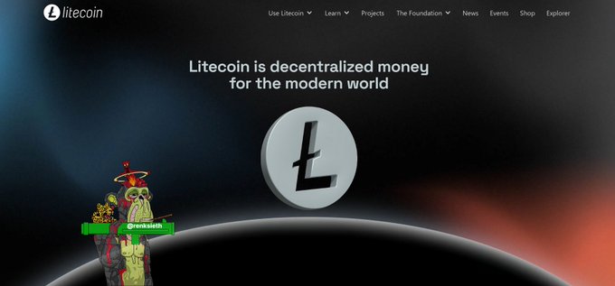 The Litecoin website homepage featuring the tagline 'Litecoin is decentralized money for the modern world' with the Litecoin logo and a Pepe the Frog meme graphic.