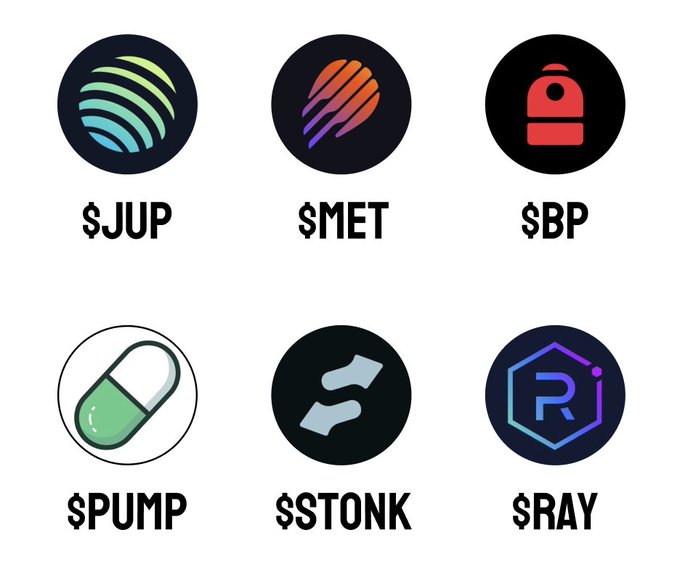 Six cryptocurrency token logos displayed in circular icons with their tickers: $JUP (Jupiter), $MET, $BP (Blazpay), $PUMP (pill icon), $STONK (wave icon), and $RAY (Raydium hexagon), representing the user's memecoin cycle picks for platforms powering token launches and trading.