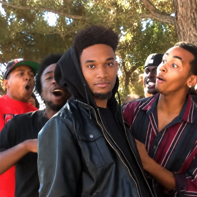 A group of young men pose for the camera outdoors, with one in the foreground wearing a black hooded leather jacket looking directly at the lens while others behind him make animated, wide-eyed expressions. The "$ANSEM" post likely refers to a meme or reference associated with the central figure's confident, unbothered demeanor contrasted with his friends' over-the-top reactions in the background.