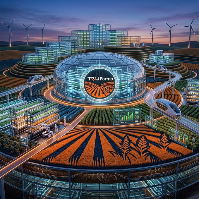 A futuristic concept image labeled "TJ Farms" depicts a domed agricultural facility surrounded by crops, wind turbines, and modern buildings at sunset.