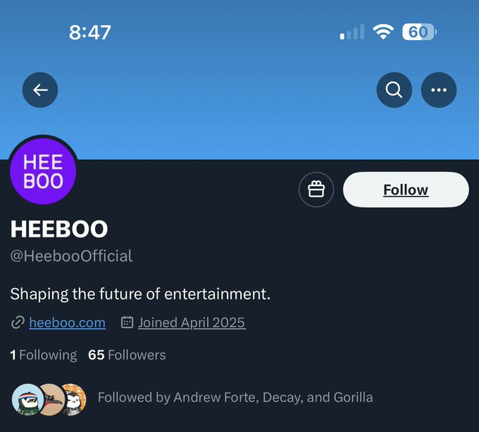 A screenshot of a Twitter/X profile for HEEBOO (@HeebooOfficial) with the bio 'Shaping the future of entertainment,' website heeboo.com, joined April 2025, 65 followers, followed by Andrew Forte, Decay, and Gorilla.