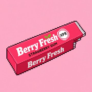 A pixel-art illustration of a pink 'Berry Fresh' strawberry gum package with 'XPR' branding on a pink background.