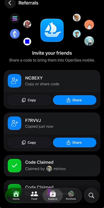 A mobile app screen for OpenSea showing a 'Referrals' page with an 'Invite your friends' section, displaying referral codes 'NC8EXY' and 'F7RWVJ' along with copy and share buttons.