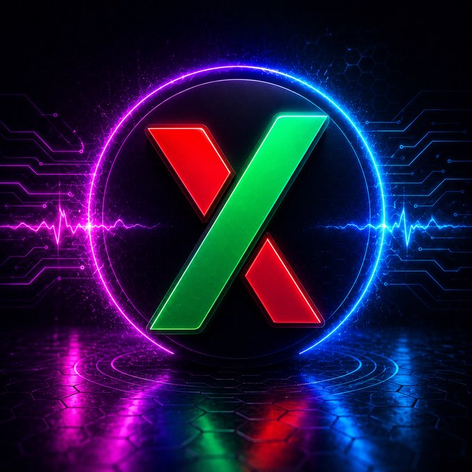 A vibrant neon-lit 3D logo featuring red and green angular shapes inside glowing pink and blue circles, set against a circuit board background with energy waves.
