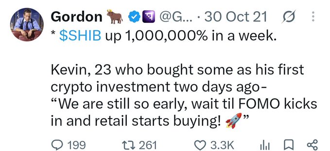 A tweet from user Gordon @G... dated 30 Oct 21 claiming '$SHIB up 1,000,000% in a week' with 3.3K likes.