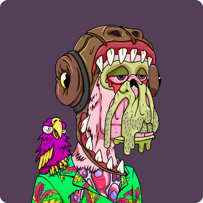 A grotesque cartoon illustration of a green, drooling humanoid creature wearing a leather helmet with teeth, accompanied by a purple and yellow bird on its shoulder.