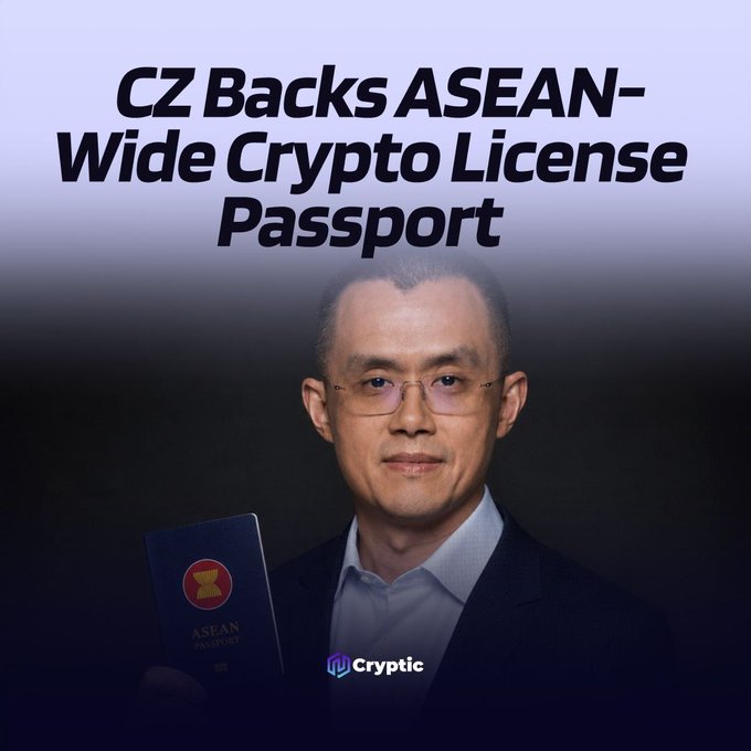 The image shows a man in glasses and a suit holding a dark blue "ASEAN PASSPORT" booklet, with the headline "CZ Backs ASEAN-Wide Crypto License Passport" displayed above him and "Cryptic" branding at the bottom, visually illustrating Binance co-founder CZ's call for a unified crypto licensing framework across ASEAN nations.