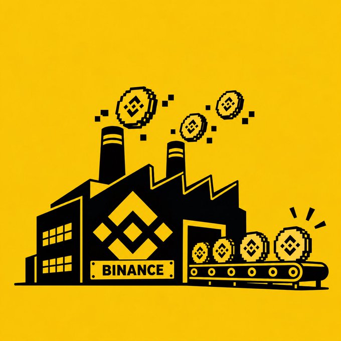 A yellow and black pixel art illustration depicting a factory or mine labeled "BINANCE" with smokestacks emitting Binance-branded coins and a conveyor belt producing more coins.