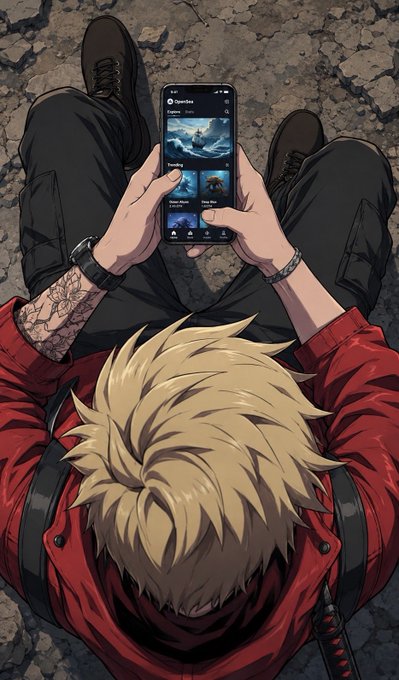 An anime-style illustration showing a character with spiky blonde hair wearing a red jacket, viewed from above while holding a smartphone displaying an app interface.