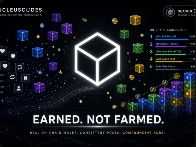 A dark promotional graphic for 'NUCLEUSCODES' featuring the tagline 'EARNED. NOT FARMED. REAL ON-CHAIN MOVES. CONSISTENT POSTS. COMPOUNDING AURA,' alongside an on-chain leaderboard ranking users like 'NUCLEUS BUILDER' and 'CONSISTENT CODER.'
