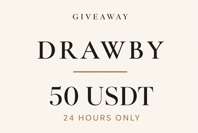 A promotional graphic with an elegant cream background announces a "GIVEAWAY" with bold text reading "DRAWBY 50 USDT," and a smaller line stating "24 HOURS ONLY." The image directly supports the post's call to action for a 50 USDT giveaway by @Drawbyofficial, highlighting the prize amount and the limited 24-hour entry window.