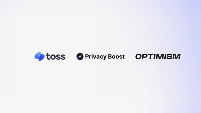 Three logos are displayed side by side on a light purple gradient background: the blue "toss" logo with its split-circle icon, the "Privacy Boost" branding featuring a small fish-like symbol, and the bold "OPTIMISM" wordmark—visually representing the three collaborators—Toss, Sunnyside (Privacy Boost), and Optimism—announced in the post as partners exploring a privacy-protected Korean Won stablecoin through a three-month proof-of-concept.