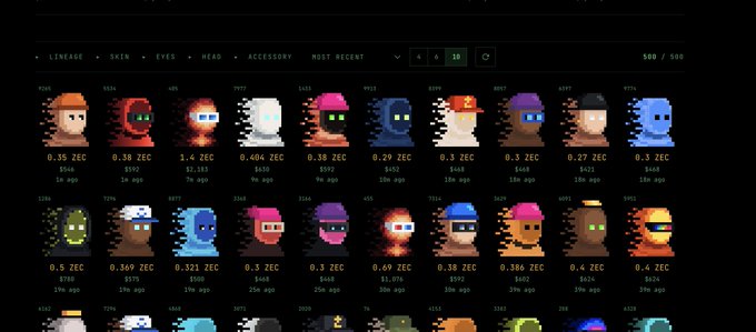 A marketplace interface displaying various pixelated avatar NFTs categorized by Lineage, Skin, Eyes, Head, and Accessory, with prices in ZEC and ownership counts visible.