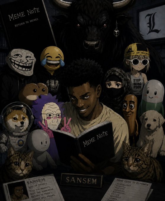 A meme-themed illustration titled 'Meme Note: Return to Memes' featuring a young man reading a book surrounded by iconic memes including Trollface, Doge, Wojak, Sad Pablo, and a bull, with text mentioning 'SANSEM' and 'MEME COINS TO ELIMINATE.'