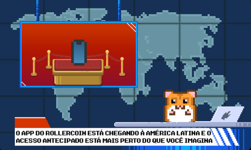 The image features a cartoon hamster sitting at a desk with a computer monitor, laptop, and cell phone. The hamster appears to be working or browsing the internet while surrounded by various objects such as a keyboard, mouse, and a TV screen in the background. The text on the image includes phrases like "x.com/rollercoin_br/", "o que será que chegando no maior jogos de todos os tempos de simulação de mineração cripto !!!! pode deixar que eu souber vou compartilhar com vocês !!! Super ancioso para saber !!! #RollerCoin". The image seems to be related to the post about rollercoin, as it features a cartoon hamster and objects associated with the coin.