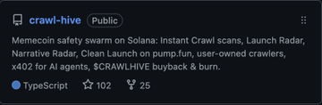 A GitHub repository page for 'crawl-hive', marked as Public, written in TypeScript with 102 stars and 25 forks. The description mentions a Memecoin safety swarm on Solana with features like Crawl scans, Launch Radar, Narrative Radar, Clean Launch on pump.fun, and $CRAWLHIVE buyback & burn.
