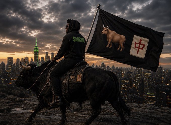 The image shows a hooded figure wearing a green "SANSEM" hoodie riding a black bull while holding a black flag featuring a bull and a red symbol, set against a dramatic city skyline at sunset. The visual pairs with the caption about $ANSEM, using the bull imagery to symbolize bullish conviction and the rider's steadfast posture to represent patience and long-term belief in the opportunity.