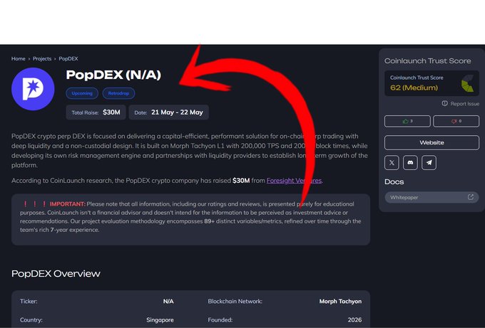 A screenshot of a CoinLaunch page for "PopDEX (N/A)" on the Morph Tachyon blockchain, showing a Trust Score of 62 (Medium) with a red arrow pointing to the project name and status tags.