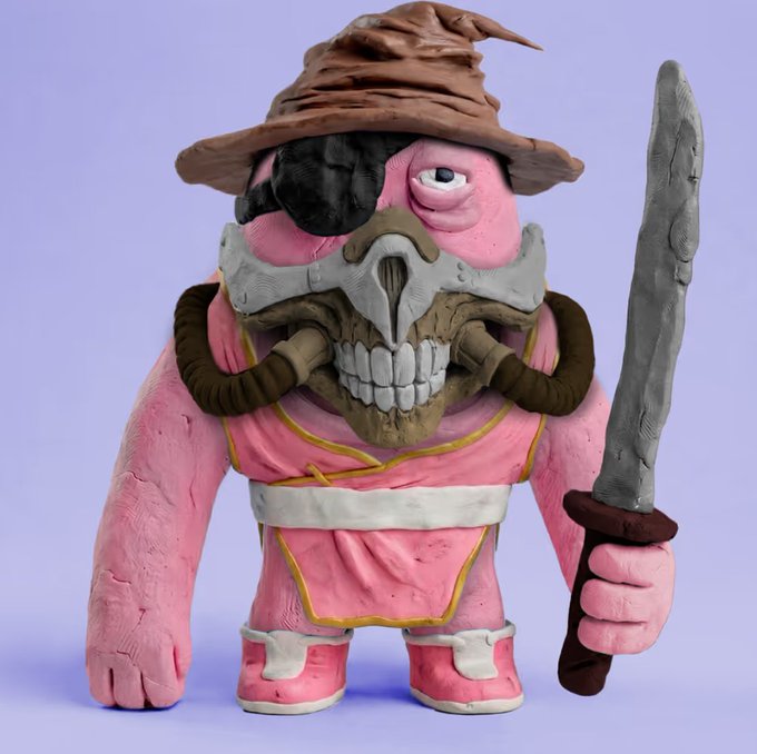 A handcrafted clay figurine of a pink one-eyed barbarian wearing a skull mask, wizard hat, and holding a sword.