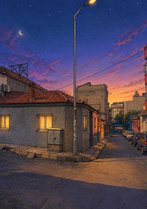 A picturesque illustrated street corner at dusk features old houses with glowing windows under a starry sky with a crescent moon and sunset clouds.