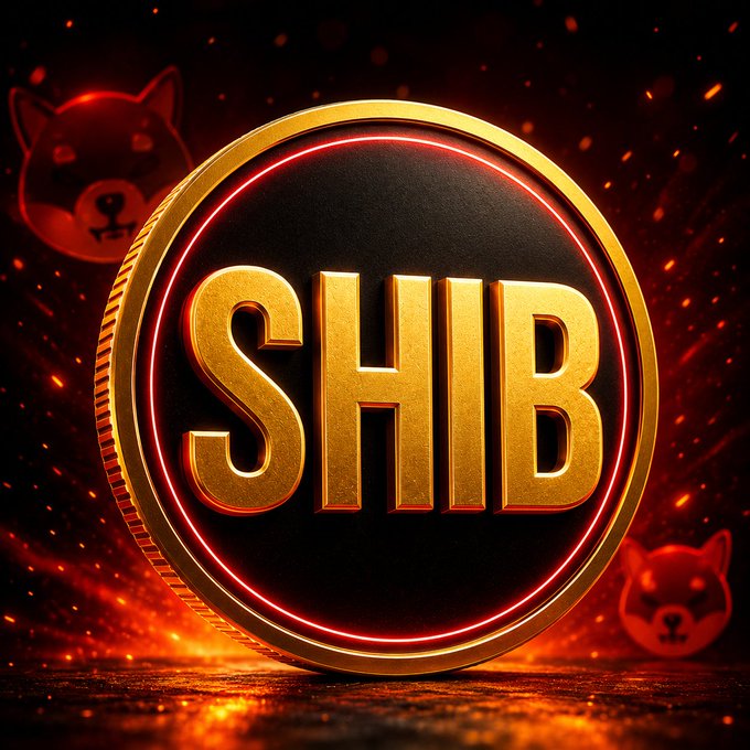 A gold and black SHIB cryptocurrency coin surrounded by red neon lighting with Shiba Inu dog silhouettes in the background.