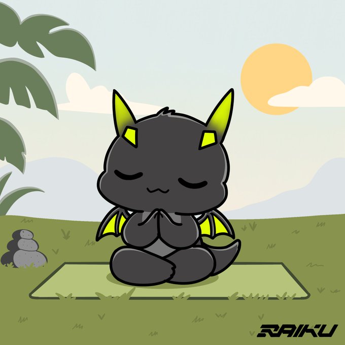 A cartoon illustration of a dark grey dragon with green accents sitting in a meditative pose on a green mat, with the text 'RAIKU' in the bottom right corner.