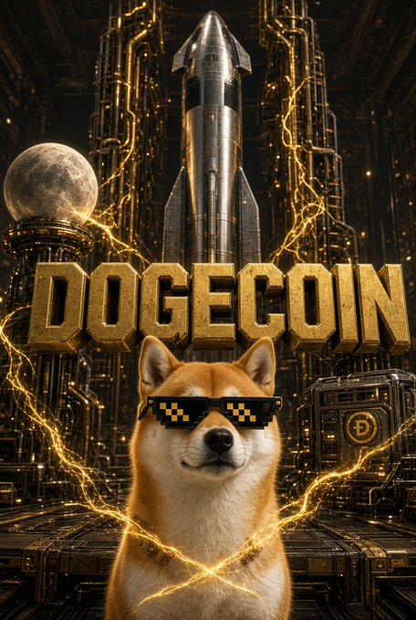 A Dogecoin promotional image shows a Shiba Inu wearing pixel sunglasses beneath a rocket and the words "DOGECOIN."