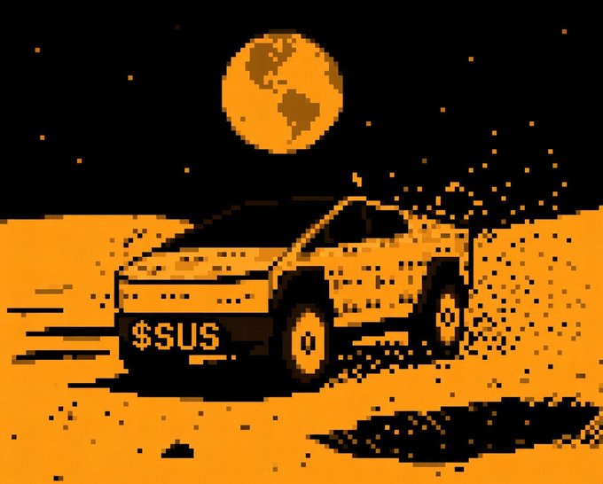 A retro 8-bit style pixel art image shows a cybertruck driving on a desert landscape at night, with '$SUS' written on its side and a large moon overhead.