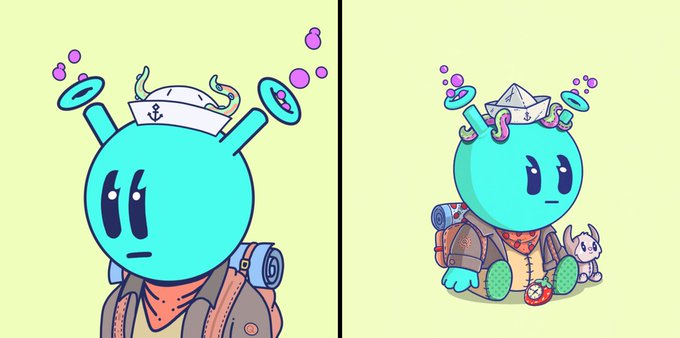 A side-by-side illustration of a teal robot-like character wearing a sailor's cap and backpack, shown in both standing and sitting poses with camping gear.