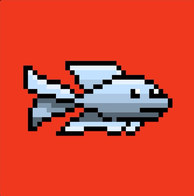 A pixel art image of a gray and white fish on a red background, representing a "CryptoFish" digital collectible NFT that the post highlights as a uniquely crafted collection with real-life counterparts.