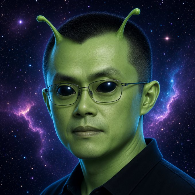 An AI-generated portrait of a man with green skin, alien antennae, and dark glasses against a cosmic purple and blue starry background.