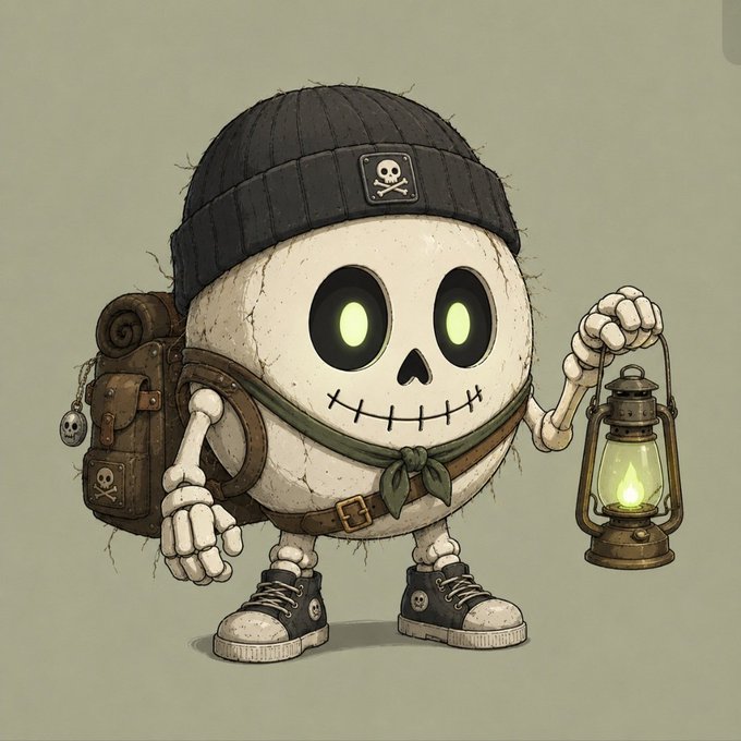 A cartoon skeleton character wearing a black beanie, Converse sneakers, and a backpack with skull charms, holding a lit lantern.
