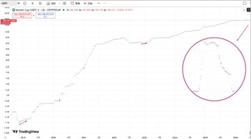 A stock chart from TradingView showing a significant price increase followed by a sharp decline circled in pink on the right side of the graph.