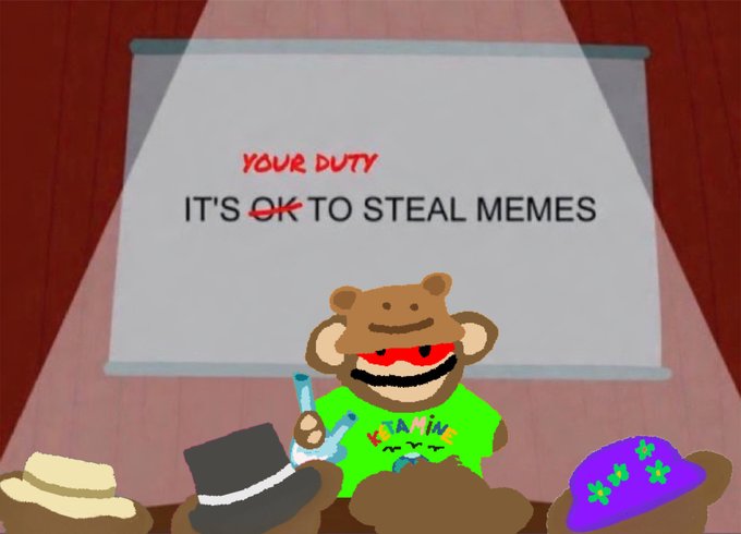 A cartoon presentation slide showing a bear character in a green shirt and smoking a pipe, with the text 'YOUR DUTY: IT'S OK TO STEAL MEMES' where 'OK' is crossed out.