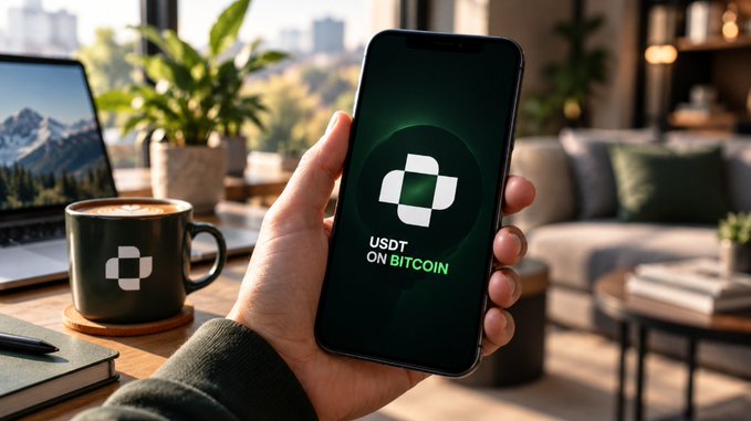 A hand holds a smartphone displaying the text "USDT ON BITCOIN" with a logo, next to a matching branded mug in a cozy living room setting.
