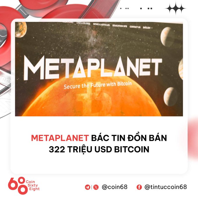 The image displays a Coin68 news graphic featuring the Metaplanet website with its "Secure the Future with Bitcoin" tagline, overlaid with Vietnamese text reading "METAPLANET BÁC TIN ĐỒN BÁN 322 TRIỆU USD BITCOON" (Metaplanet denies rumor of selling $322 million in Bitcoin). This relates to the post about Metaplanet being the third-largest public Bitcoin holder with 43,000 BTC worth over $2 billion, as the graphic covers the company's rebuttal of sell-off rumors.
