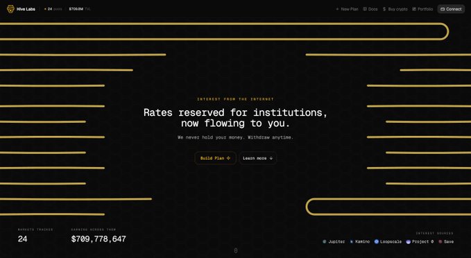 The image displays the Hive Labs website homepage with a sleek black background featuring yellow horizontal line designs, showcasing the tagline "Rates reserved for institutions, now flowing to you" along with tracked balances of 24 and $709,778,647. The page promotes a "Build Plan" feature and mentions card integration via Stripe, directly supporting the post's announcement about enabling users to buy SOL or USDC with a card and earn yields without leaving the platform.