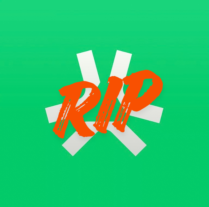A logo design with the word 'RIP' in red brushstroke lettering over a white asterisk-like symbol on a green background.