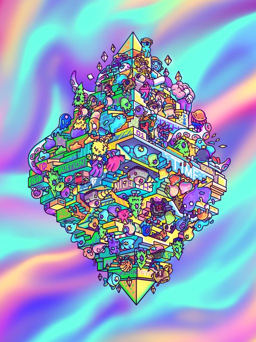 A colorful, psychedelic artwork featuring a diamond-shaped collage of various cartoon characters and buildings on a swirly multicolored background.