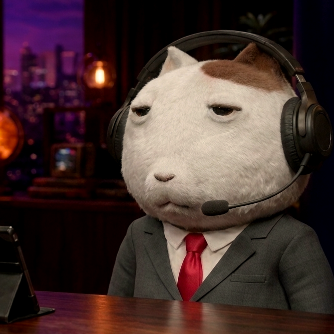 A white and brown cat with a deadpan expression wearing a black headset with microphone, dressed in a gray suit with white shirt and red tie, sitting at a desk against a city skyline backdrop.