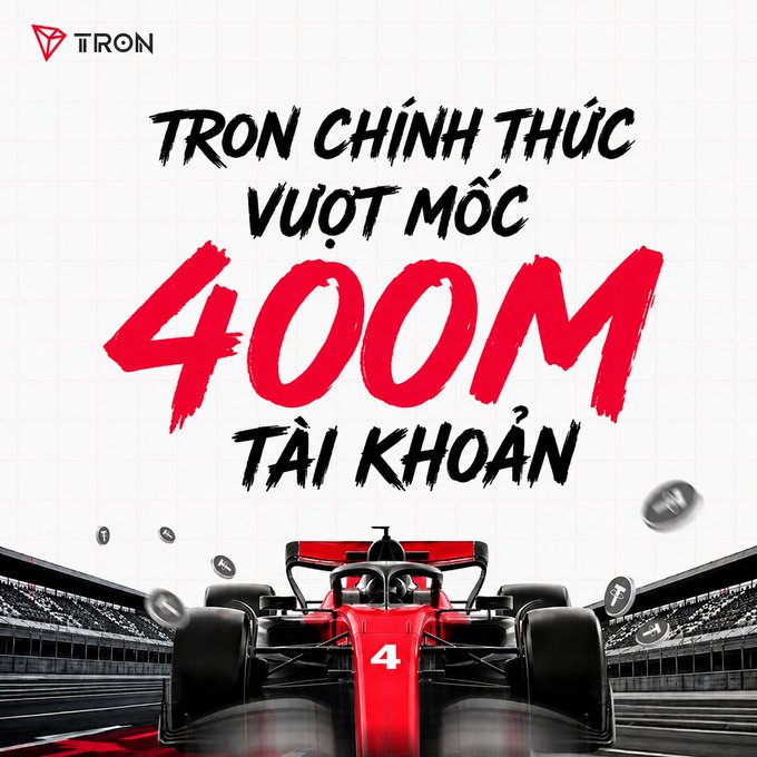The image is a promotional graphic from TRON (TRX) announcing that they have officially surpassed 400 million accounts, featuring bold red and black text alongside a Formula-style race car and the TRON logo. It celebrates a milestone achievement on the TRON platform, complementing the post's announcement of TRX rewards distributed to lucky event winners.