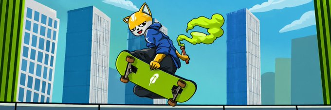 An anthropomorphic Shiba Inu dog wearing a blue hoodie performs a trick on a green skateboard while holding a spray can, set against a cartoon city skyline. The image's playful, action-packed vibe mirrors the excitement of a giveaway announcement, with no specific text or numbers visible in the artwork itself.