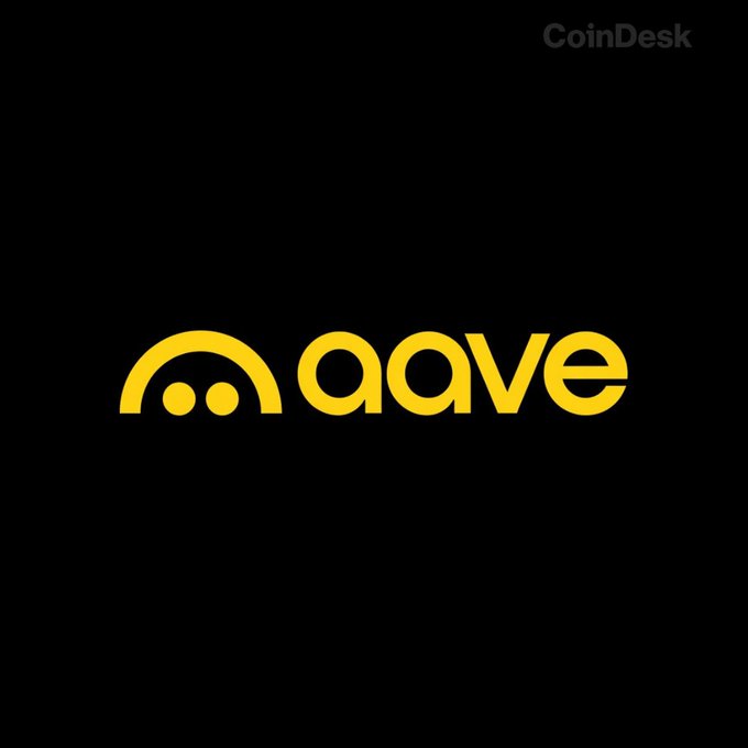 The image shows the yellow Aave logo and the word “aave” on a black background, with a faint “CoinDesk” watermark in the upper-right corner. It illustrates the post’s report that Aave proposes the V3.8 security upgrade.