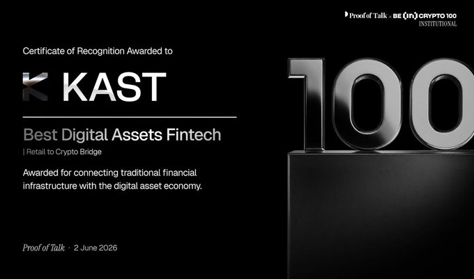 The image features a black background with white text that reads "Best Digital Assets Fintech" and "100 Best Digital Assets FinTech". The text also includes the names of two companies, KAST and Kast xác.
