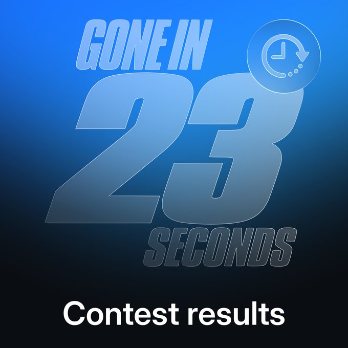 The image features bold blue text reading "GONE IN 23 SECONDS" with a clock icon, alongside "Contest results" at the bottom, visually reinforcing the post's message about a seed phrase contest where a wallet was drained in just 23 seconds.