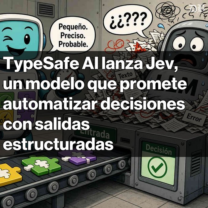 A cartoon illustration of two robots in a factory setting, with Spanish text reading 'TypeSafe AI lanza Jev, un modelo que promete automatizar decisiones con salidas estructuradas'.