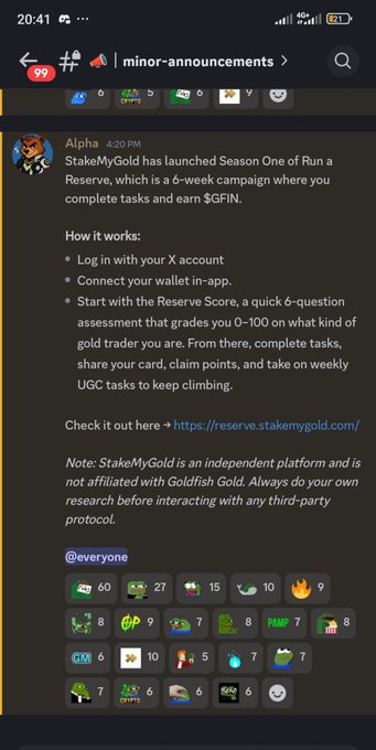 A screenshot of a Discord announcement from 'Alpha' about 'StakeMyGold' launching 'Season One of Run a Reserve,' a 6-week campaign to earn $GFIN, complete with various emoji reactions.