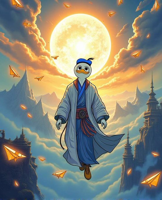 An illustrated duck character wearing traditional Korean-style robes and a blue headband, floating in front of a large glowing moon with clouds, mountains, paper airplanes, and fantasy towers in the background.
