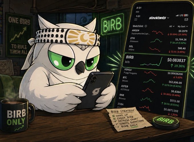 A cartoon owl wearing a polka-dot headband holding a phone, with a StockTwits watchlist showing stocks like ANSEM, ETH, SOL, BIRB ($0.083837), PENGU, BTC, ASTER, BNB, and ZORA.